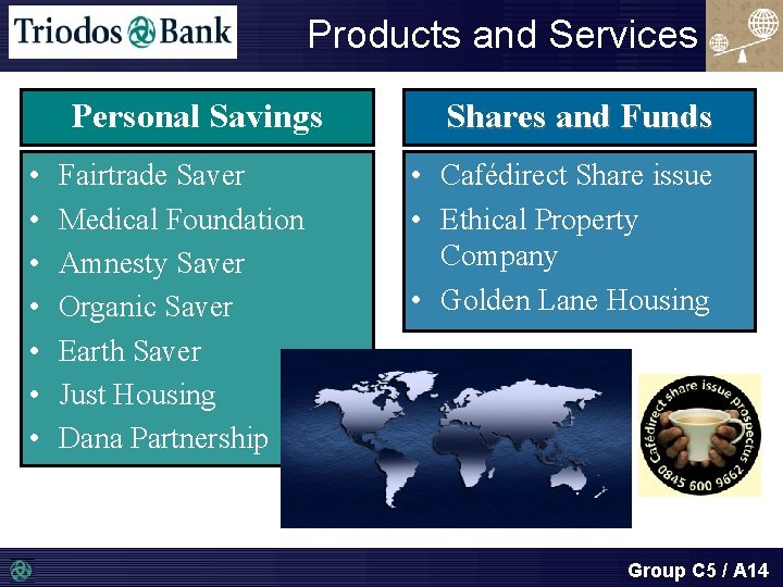 Products and Services Personal Savings • • Fairtrade Saver Medical Foundation Amnesty Saver Organic
