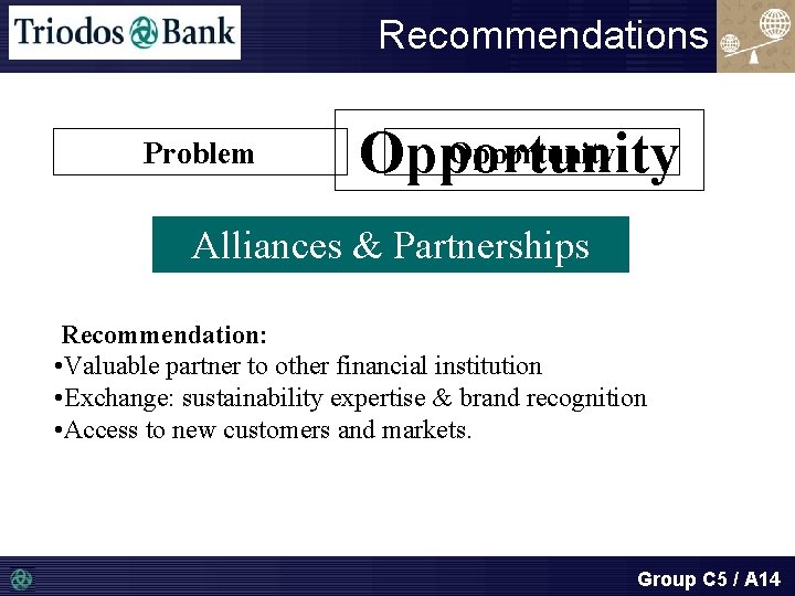 Recommendations Problem Opportunity Alliances & Partnerships Recommendation: • Valuable partner to other financial institution