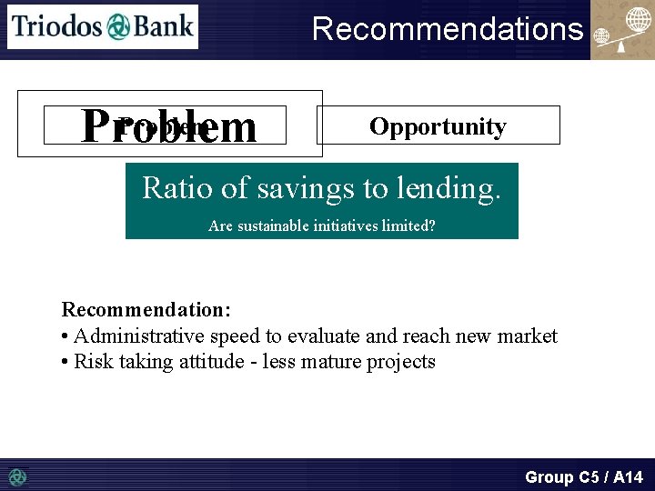 Recommendations Problem Opportunity Ratio of savings to lending. Are sustainable initiatives limited? Recommendation: •