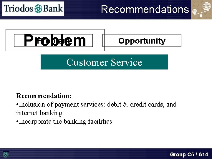 Recommendations Problem Opportunity Customer Service Recommendation: • Inclusion of payment services: debit & credit