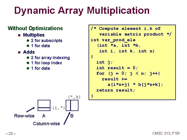 Dynamic Array Multiplication Without Optimizations n Multiplies l 2 for subscripts l 1 for