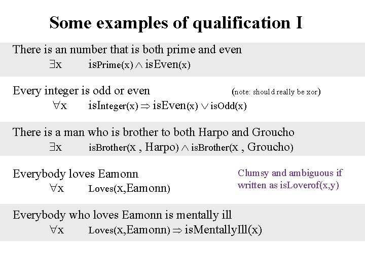 Some examples of qualification I There is an number that is both prime and