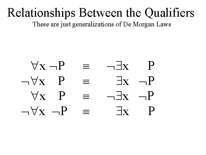 Relationships Between the Qualifiers These are just generalizations of De Morgan Laws x P