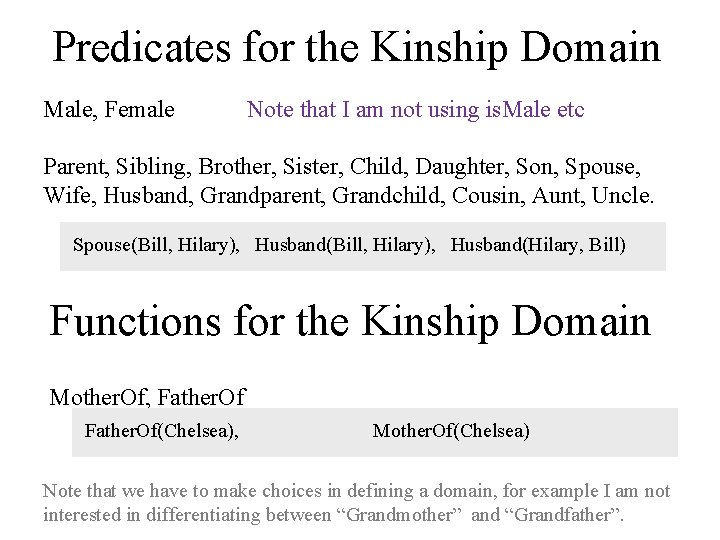 Predicates for the Kinship Domain Male, Female Note that I am not using is.