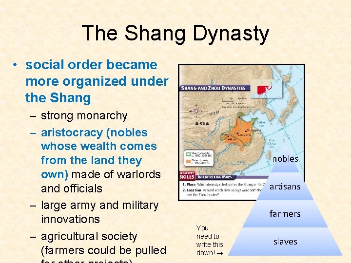 The Shang Dynasty • social order became more organized under the Shang – strong
