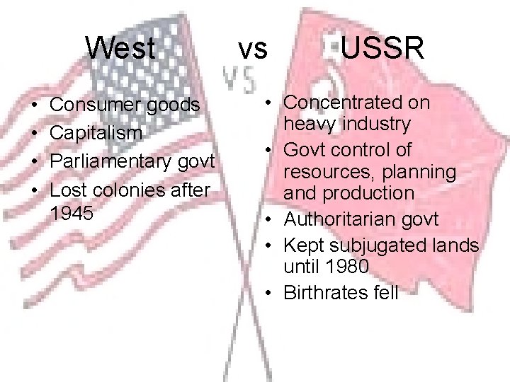 West • • Consumer goods Capitalism Parliamentary govt Lost colonies after 1945 vs USSR