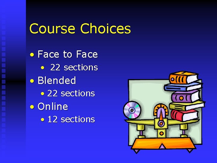 Course Choices • Face to Face • 22 sections • Blended • 22 sections