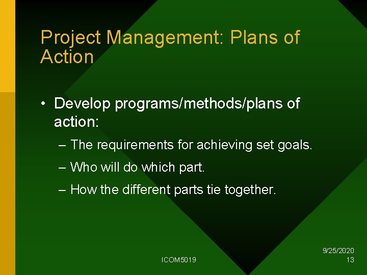 Project Management: Plans of Action • Develop programs/methods/plans of action: – The requirements for