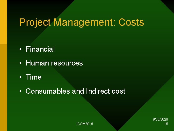 Project Management: Costs • Financial • Human resources • Time • Consumables and Indirect