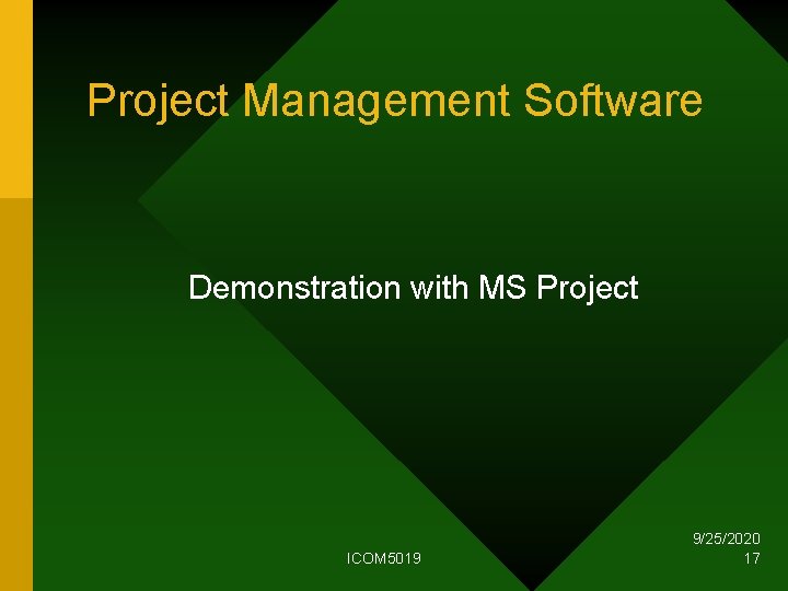 Project Management Software Demonstration with MS Project ICOM 5019 9/25/2020 17 