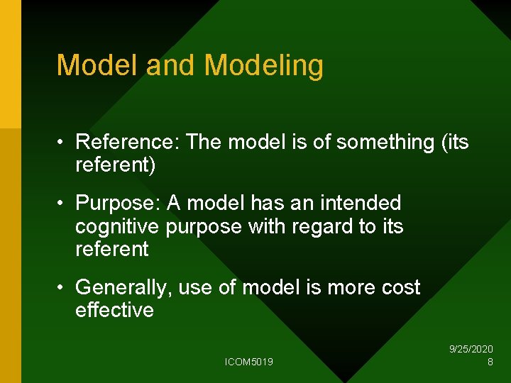 Model and Modeling • Reference: The model is of something (its referent) • Purpose: