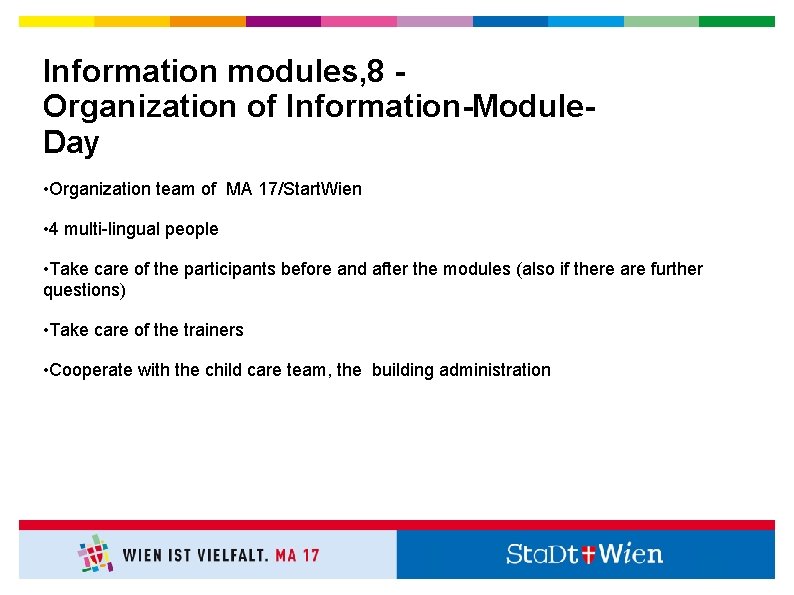 Information modules, 8 Organization of Information-Module. Day • Organization team of MA 17/Start. Wien