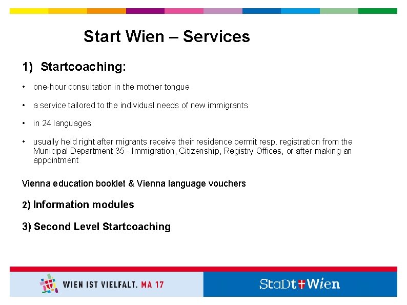 Start Wien – Services 1) Startcoaching: • one-hour consultation in the mother tongue •