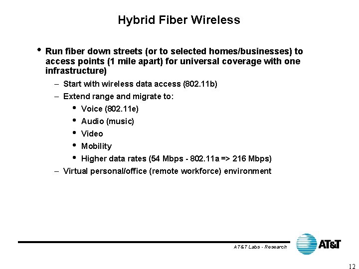 Hybrid Fiber Wireless • Run fiber down streets (or to selected homes/businesses) to access