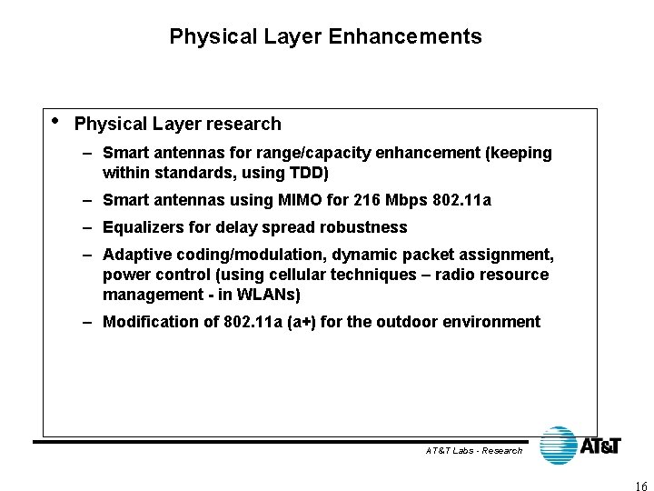 Physical Layer Enhancements • Physical Layer research – Smart antennas for range/capacity enhancement (keeping