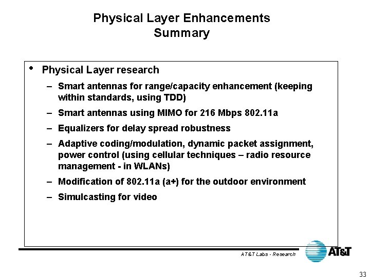 Physical Layer Enhancements Summary • Physical Layer research – Smart antennas for range/capacity enhancement