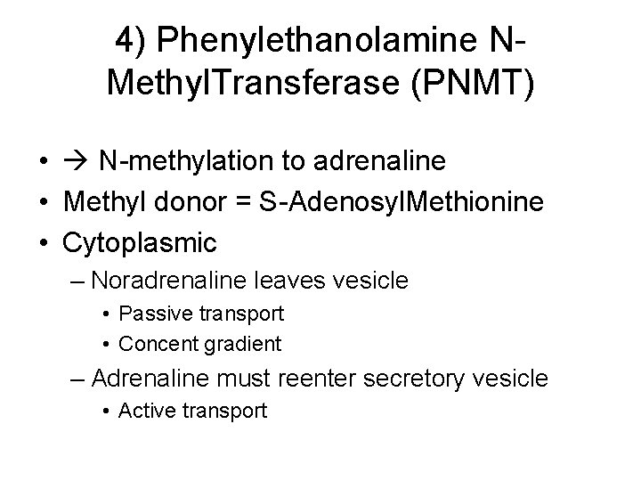 4) Phenylethanolamine NMethyl. Transferase (PNMT) • N-methylation to adrenaline • Methyl donor = S-Adenosyl.