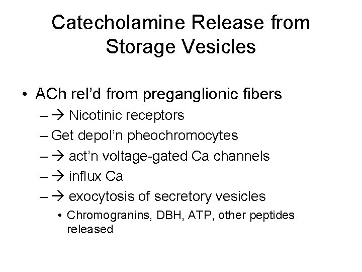 Catecholamine Release from Storage Vesicles • ACh rel’d from preganglionic fibers – Nicotinic receptors