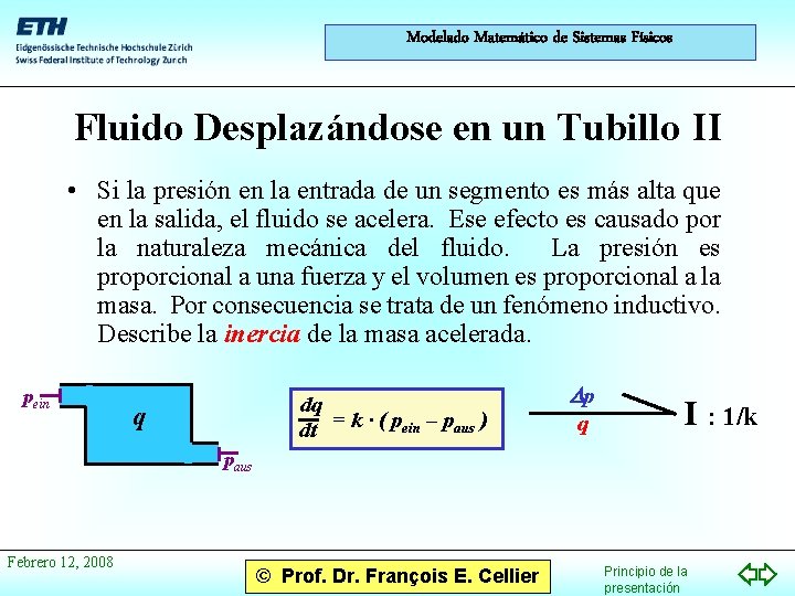 Modelado Matemático de Sistemas Físicos Fluido Desplazándose en un Tubillo II • Si la