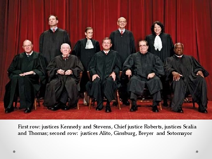 First row: justices Kennedy and Stevens, Chief justice Roberts, justices Scalia and Thomas; second