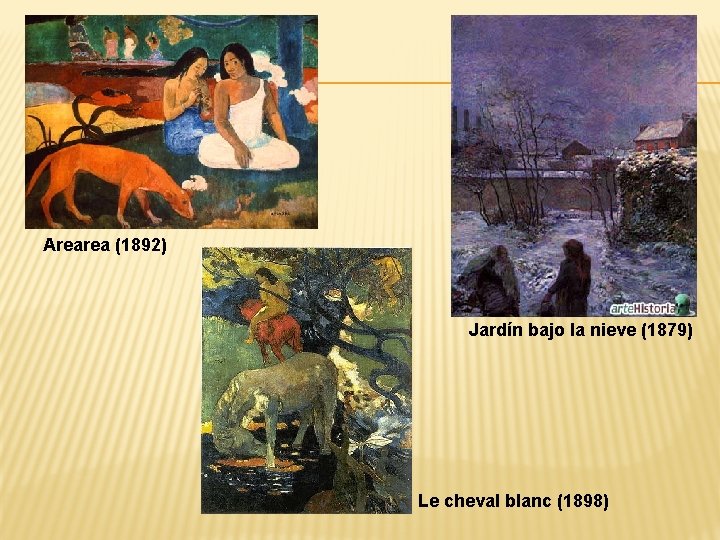 Arearea (1892) Jardín bajo la nieve (1879) Le cheval blanc (1898) 
