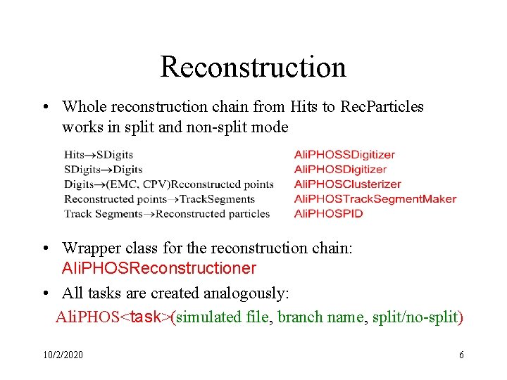 Reconstruction • Whole reconstruction chain from Hits to Rec. Particles works in split and
