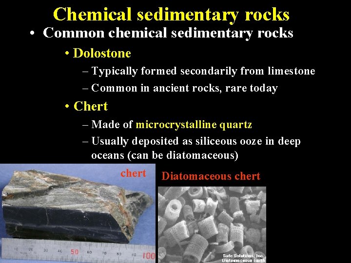 Chemical sedimentary rocks • Common chemical sedimentary rocks • Dolostone – Typically formed secondarily