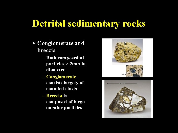 Detrital sedimentary rocks • Conglomerate and breccia – Both composed of particles > 2