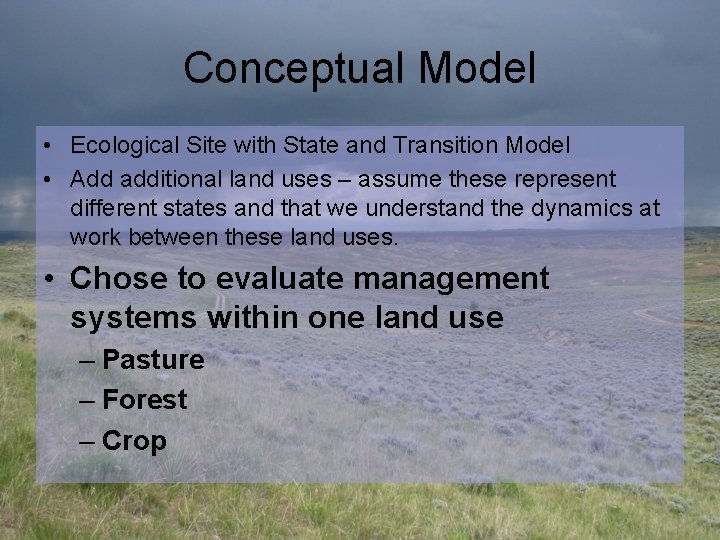 Conceptual Model • Ecological Site with State and Transition Model • Add additional land