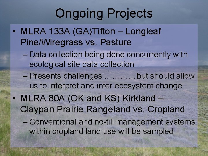 Ongoing Projects • MLRA 133 A (GA)Tifton – Longleaf Pine/Wiregrass vs. Pasture – Data