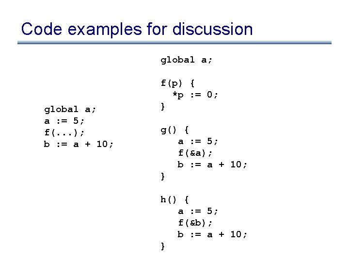 Code examples for discussion global a; a : = 5; f(. . . );