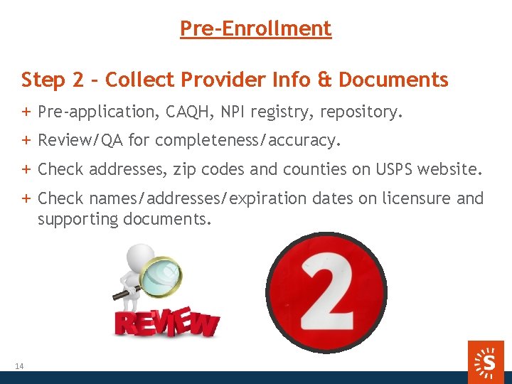 Pre-Enrollment Step 2 – Collect Provider Info & Documents + Pre-application, CAQH, NPI registry,