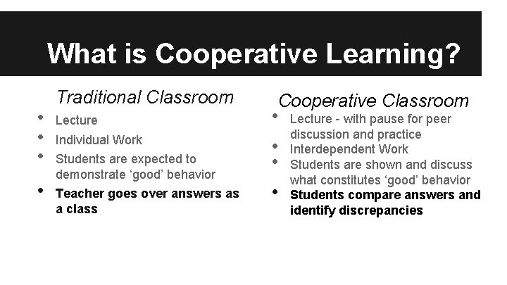 What is Cooperative Learning? • • Traditional Classroom Lecture Individual Work Students are expected