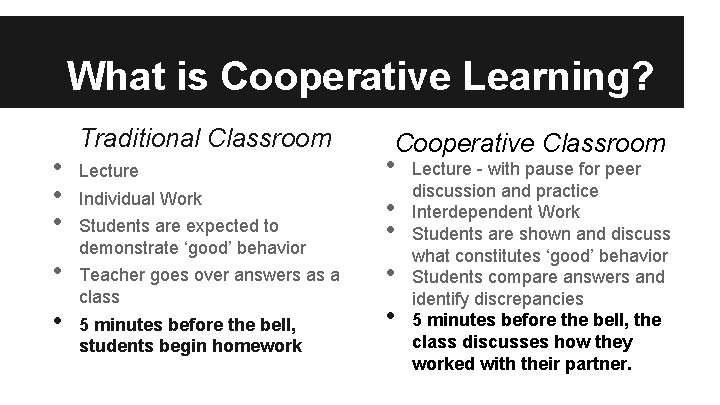 What is Cooperative Learning? • • • Traditional Classroom Lecture Individual Work Students are