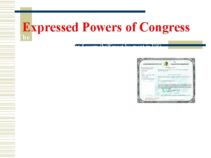 Expressed Powers of Congress The Basic Process: Must live in the US for 5