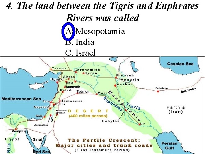4. The land between the Tigris and Euphrates Rivers was called A. Mesopotamia B.