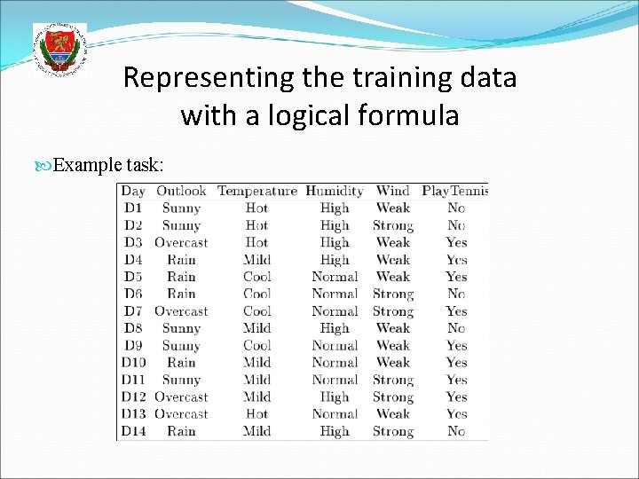 Representing the training data with a logical formula Example task: 