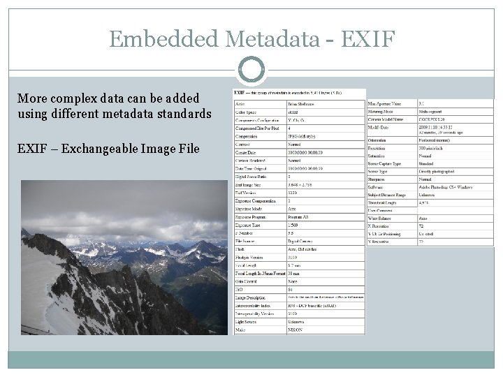 Embedded Metadata - EXIF More complex data can be added using different metadata standards