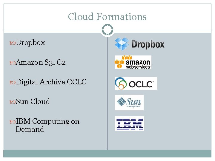 Cloud Formations Dropbox Amazon S 3, C 2 Digital Archive OCLC Sun Cloud IBM