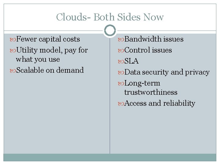Clouds- Both Sides Now Fewer capital costs Bandwidth issues Utility model, pay for Control