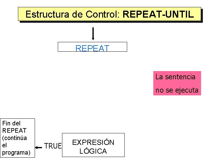 Estructura de Control: REPEAT-UNTIL REPEAT La sentencia no se ejecuta Fin del REPEAT (continúa