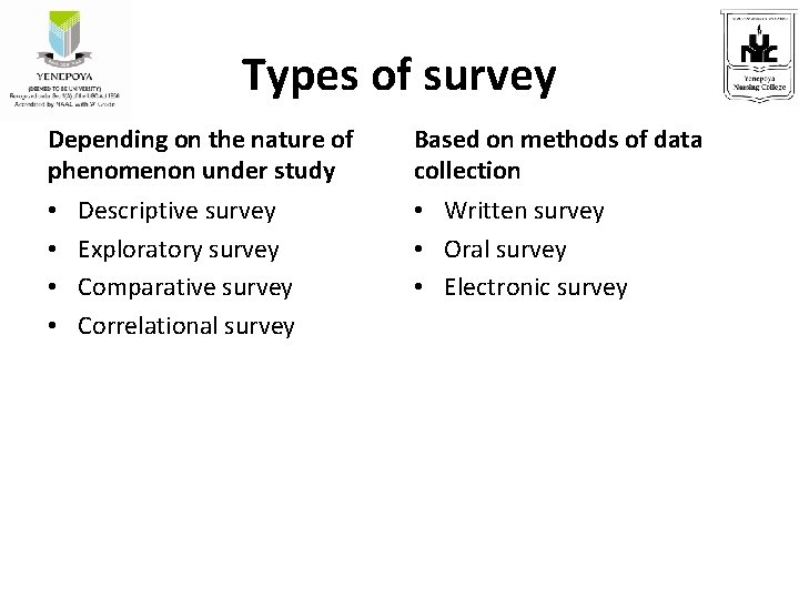 Types of survey Depending on the nature of phenomenon under study • Descriptive survey