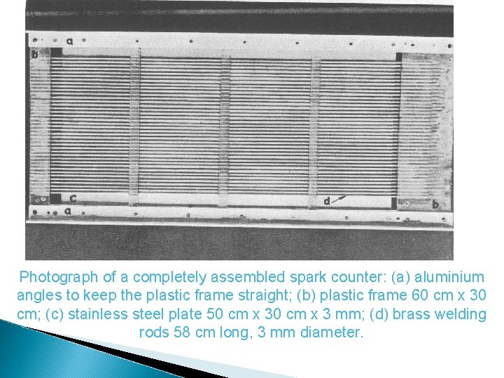 Photograph of a completely assembled spark counter: (a) aluminium angles to keep the plastic