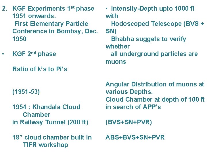 2. KGF Experiments 1 st phase 1951 onwards. First Elementary Particle Conference in Bombay,