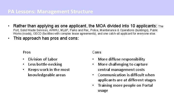 PA Lessons: Management Structure • Rather than applying as one applicant, the MOA divided
