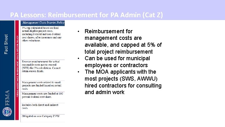PA Lessons: Reimbursement for PA Admin (Cat Z) • Reimbursement for management costs are