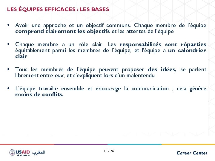 LES ÉQUIPES EFFICACES : LES BASES • Avoir une approche et un objectif communs.