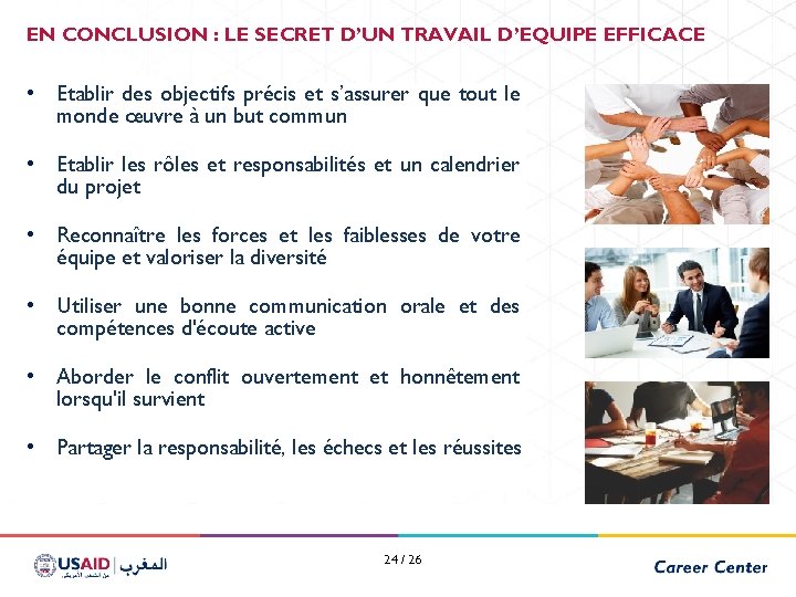 EN CONCLUSION : LE SECRET D’UN TRAVAIL D’EQUIPE EFFICACE • Etablir des objectifs précis