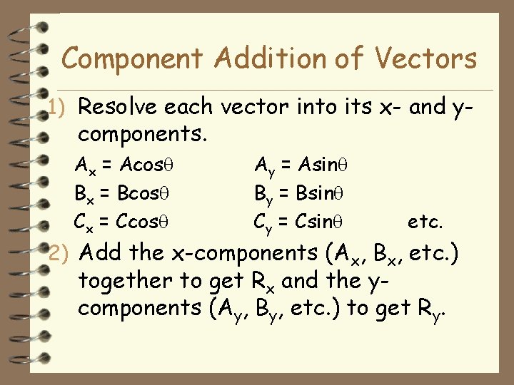 Component Addition of Vectors 1) Resolve each vector into its x- and y- components.