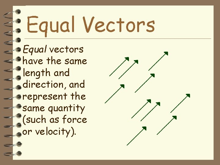 Equal Vectors Equal vectors have the same length and direction, and represent the same